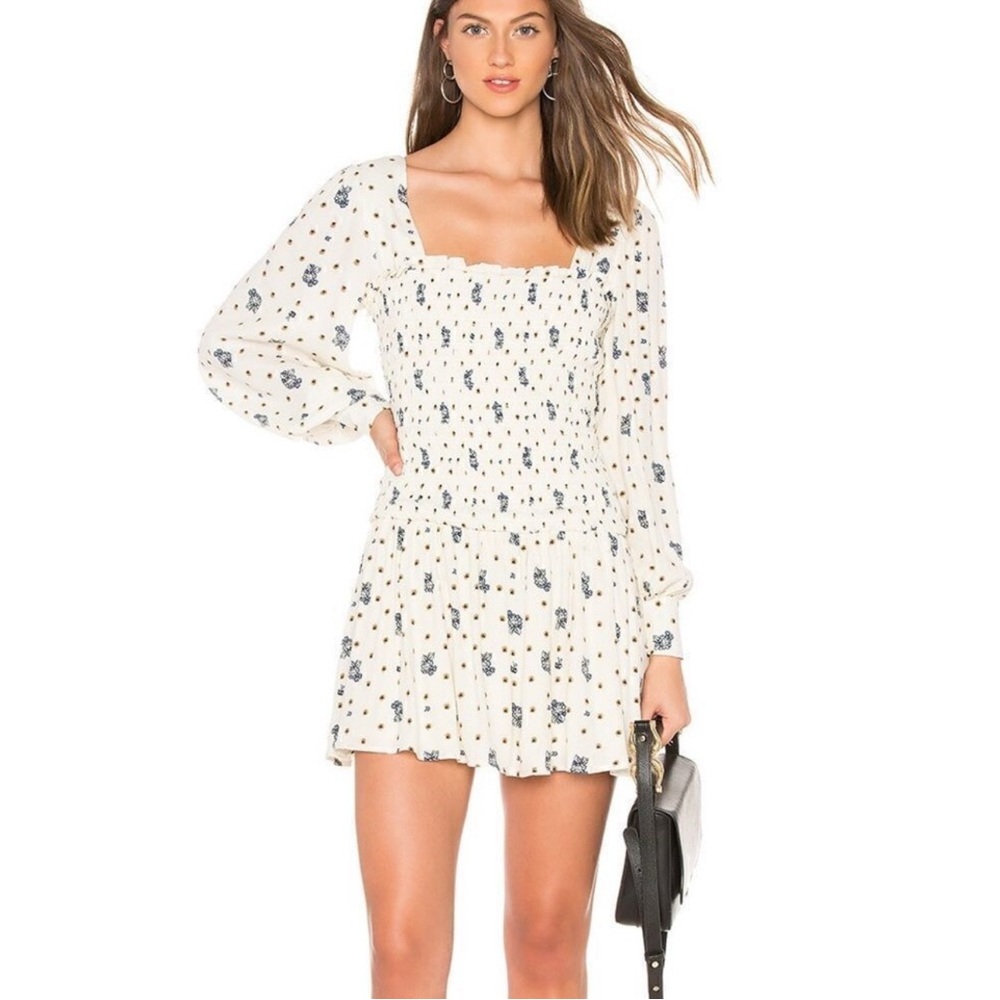 Free People Two Faces Mini Dress Smocked drop waist ruched tunic Size large